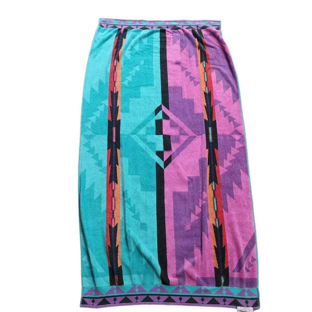 Vintage 80’s Royal Terry Beach Bath Towel Southwest Tribal Turquoise Teal